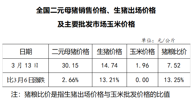 生猪数据：        全国二元母猪销售价格、生猪出场价格及主要批发市场玉米价格（3月13日）