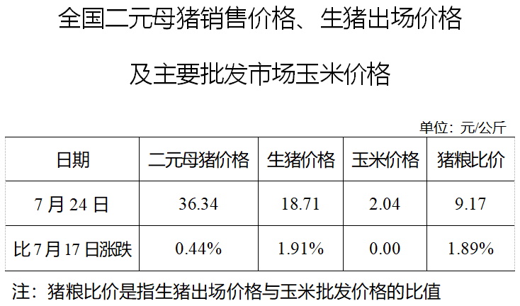 生猪数据：        全国二元母猪销售价格、生猪出场价格及主要批发市场玉米价格（7月24日）