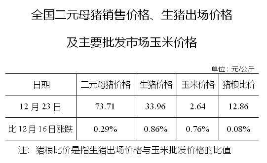 生猪数据：        全国二元母猪销售价格、生猪出场价格及主要批发市场玉米价格（12月23日）