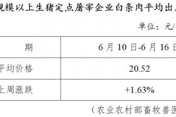 生猪数据：
        全国规模以上生猪定点屠宰企业白条肉平均出厂价格（6月10日-6月16日）