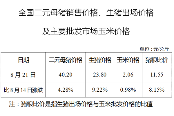 生猪数据：
        全国二元母猪销售价格、生猪出场价格及主要批发市场玉米价格（2019年8月21日）