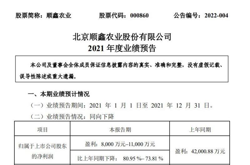 白酒提价不敌猪肉降价，顺鑫农业预计2021年净利润跌幅创近10年新高