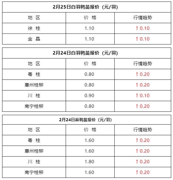 2月24日 浙江水禽價格穩定，兩湖肉鴨價格下跌!