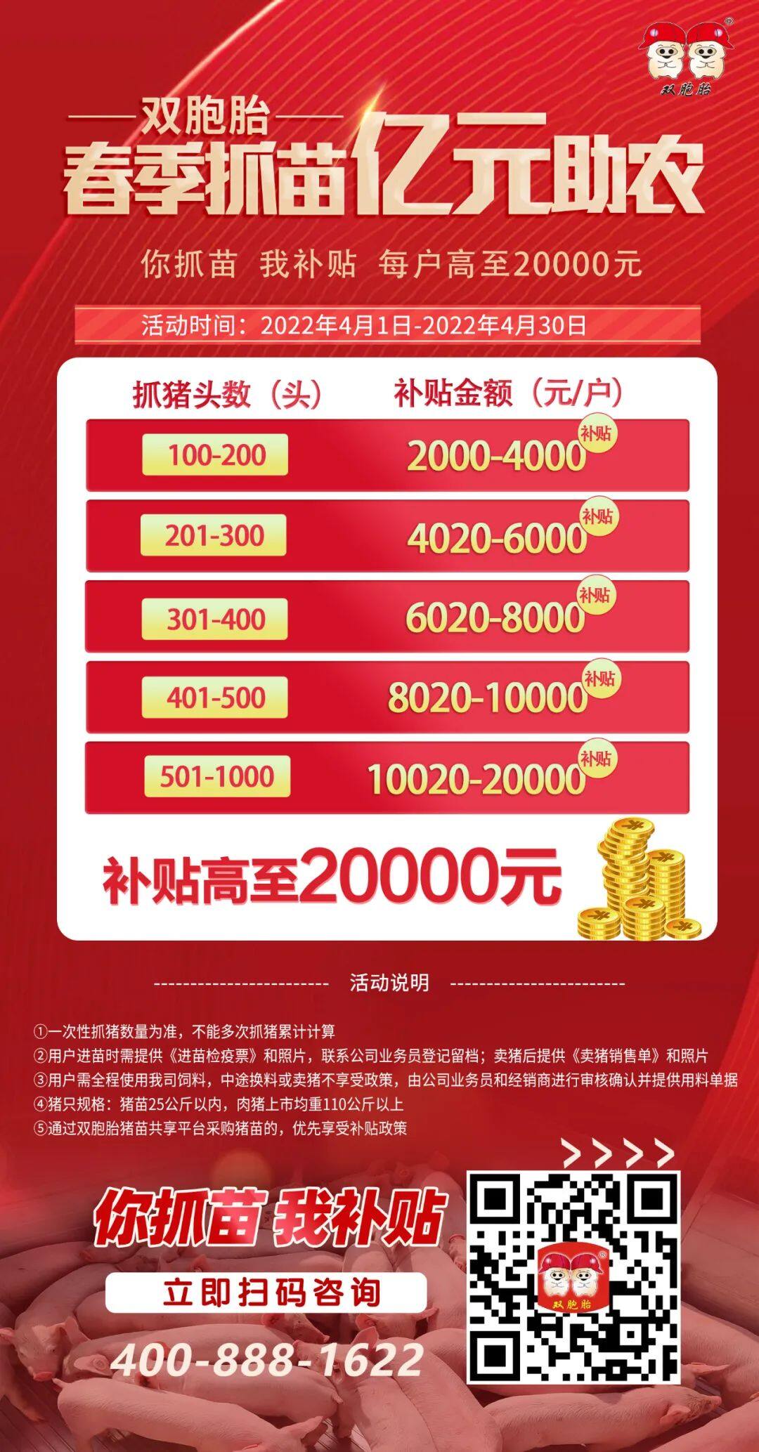 双胞胎推出抓猪苗亿元补贴活动，每户补贴高至2万元！