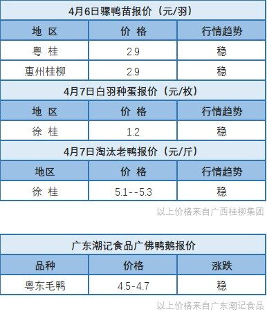 4月6日 廣東地區水禽價格穩定，福建水禽價格上漲【水禽價格指數】