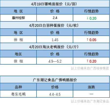 4月19日 兩湖地區水禽價格上調，廣東等福建等地水禽價格穩定【水禽價格指數】