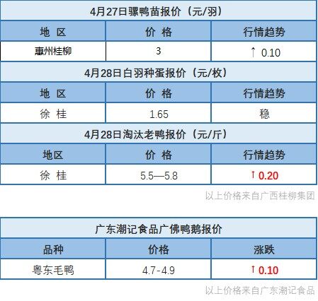 4月27日 水禽苗價格上漲！浙江、福建地區肉鴨價格穩定【水禽價格指數】