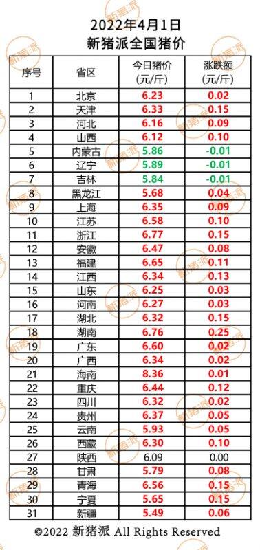 4月1日：继续涨！多地猪价已重回6元大关，湖南涨幅最高0.3元|新猪派猪价