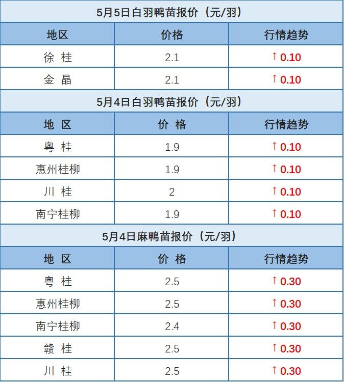 5月4日 广西鸭苗价格上涨！浙江地区肉鸭价格稳定【水禽价格指数】