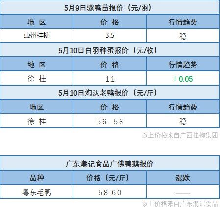 5月9日 广西桂柳苗价、浙江水禽价格稳定【水禽价格指数】