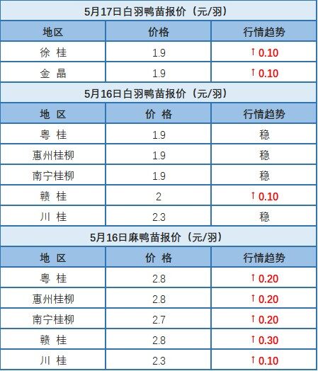 5月16日 浙江、福建水禽价格稳定，桂柳报价麻鸭苗价格上涨【水禽价格指数】