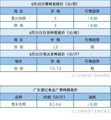 6月20日 廣東、浙江水禽價格穩定，兩湖水禽價格調整，桂柳水禽價格下調【水禽價格指數】