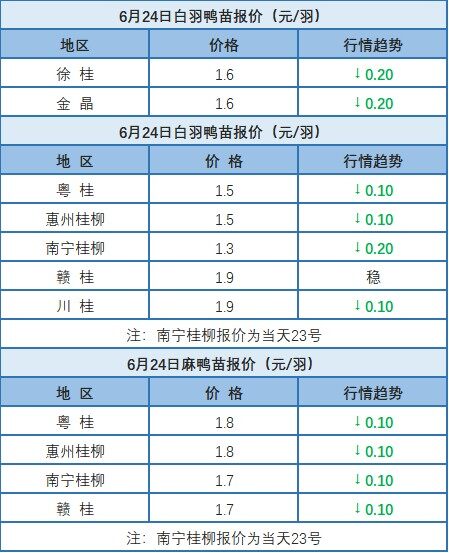 6月23日 浙江、两湖、福建、水禽价格稳定，桂柳白羽肉鸭、麻鸭价格下调【水禽价格指数】