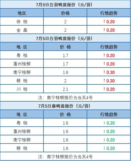 7月4日 兩湖水禽價格下調，浙江、福建水禽價格穩定，桂柳白羽肉鴨價格上漲【水禽價格指數】