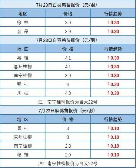 7月22日 浙江、福建水禽價格穩定，桂柳水禽價格上漲【水禽價格指數】