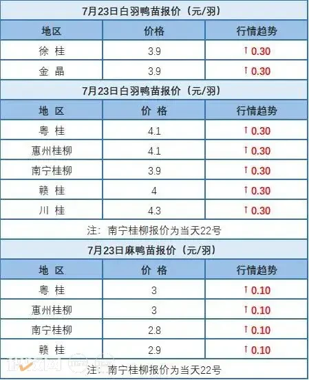 7月22日 浙江、福建水禽价格稳定，桂柳水禽价格上涨【水禽价格指数】