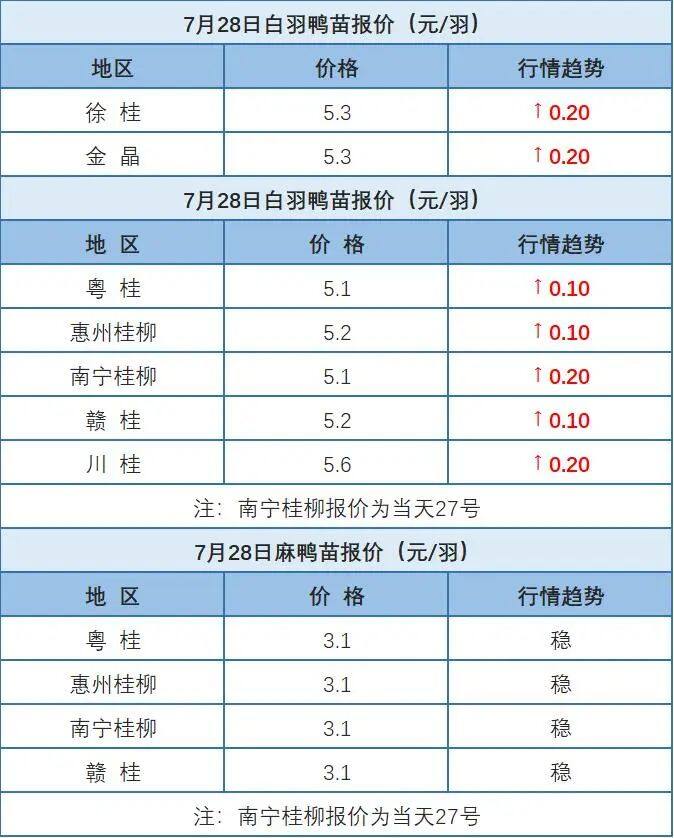 7月27日 廣東、浙江、福建水禽價格穩定，桂柳白羽鴨苗價格上漲【水禽價格指數】