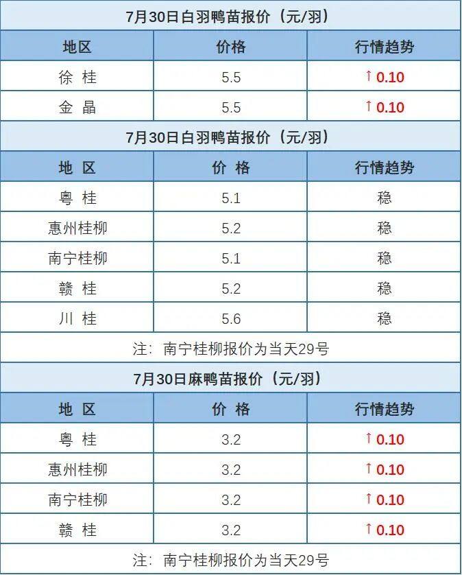 7月29日 廣東、浙江、福建水禽價格穩(wěn)定，桂柳麻鴨苗價格上漲【水禽價格指數(shù)】