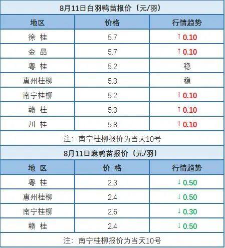 8月10日 浙江、福建水禽价格稳定，桂柳白羽鸭苗价格再涨，麻鸭价格下调【水禽价格指数】