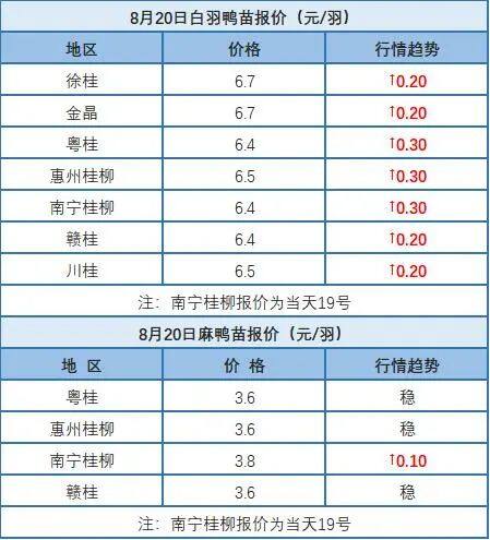 8月19日 福建、浙江水禽价格稳定，桂柳白羽肉鸭苗价上涨【水禽价格指数】