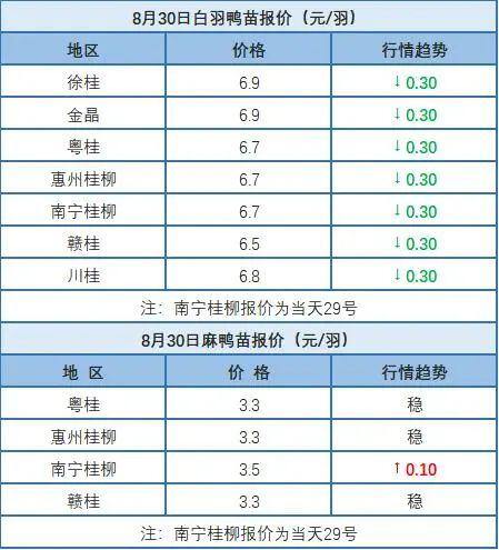 8月29日 福建水禽价格下调，广东、浙江、两湖水禽价格稳定，桂柳白羽肉鸭苗价下跌【水禽价格指数】
