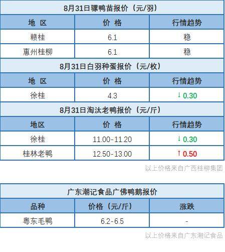 8月30日 廣東、浙江水禽價(jià)格穩(wěn)定，桂柳白羽肉鴨苗價(jià)連日下跌【水禽價(jià)格指數(shù)】