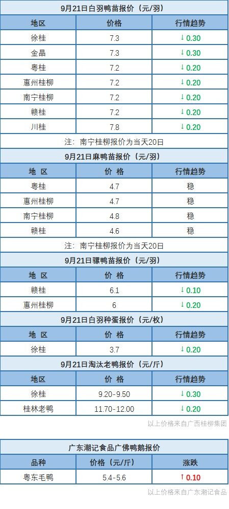 9月20日福建肉鸭价格上涨！浙江、两湖水禽价格稳定，桂柳水禽苗价下调【水禽价格指数】