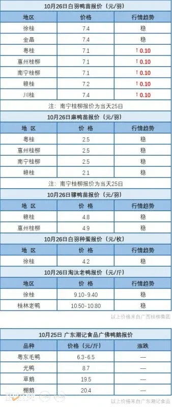 10月25日 浙江、福建水禽价格稳定，桂柳白羽鸭苗价格上涨