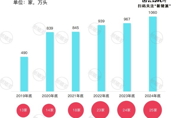2019年-2024年10万头基础母猪企业数量及能繁母猪总数