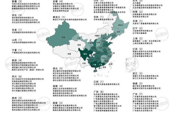 全国80家百万存栏量以上的蛋鸡企业分布图